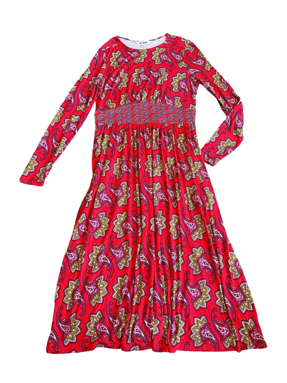 Boden Thea Long Sleeve Midi Dress Paisley Jersey Stretch Colorful Size 8 Women's